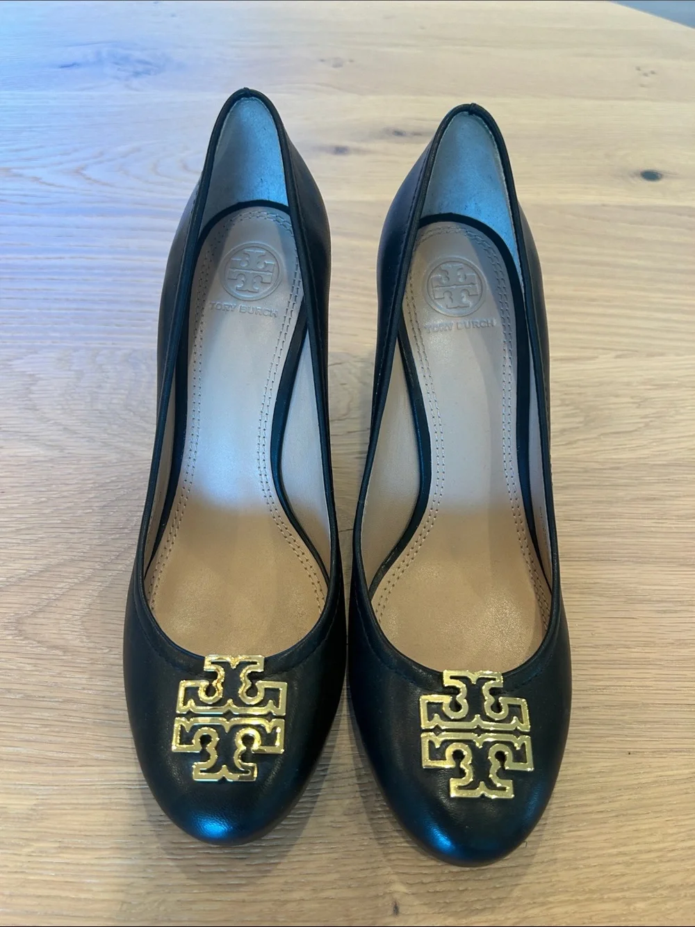 Tory Burch Black Leather Wedge Heels with Gold Logo